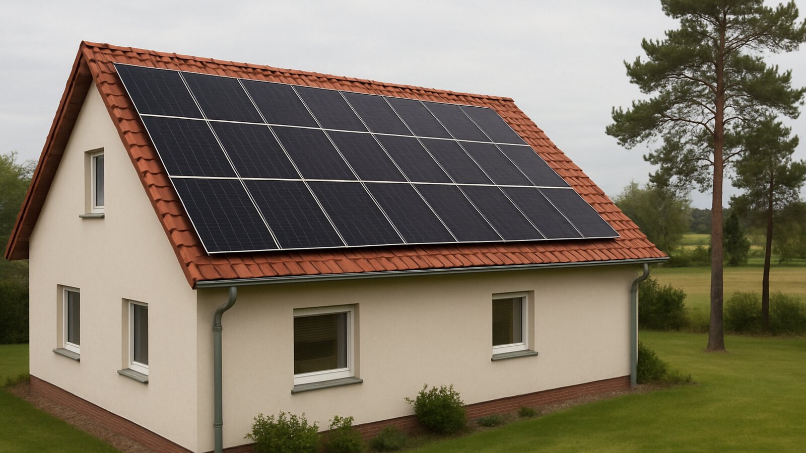 Photovoltaik Haltern am See: fertige Anlage mit schwarzen Solarmodulen auf dem roten Ziegel-Satteldach eines freistehenden Einfamilienhauses in ebener Lage