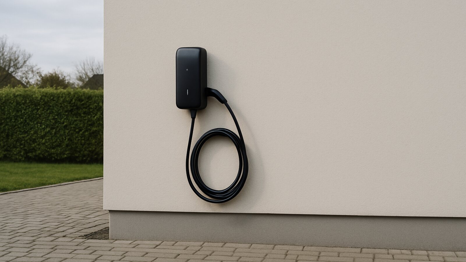 Photovoltaik Haltern am See: schwarze Wallbox an einer hellen Putzwand neben einem gepflasterten Stellplatz mit ordentlich eingehängtem Ladekabel