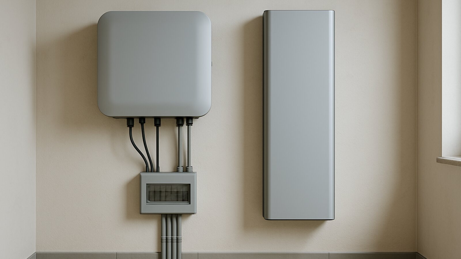 Photovoltaik Haltern am See: grauer Wechselrichter und schlanker Batteriespeicher mit sauberer Verkabelung an einer hellen Wand im Technikraum