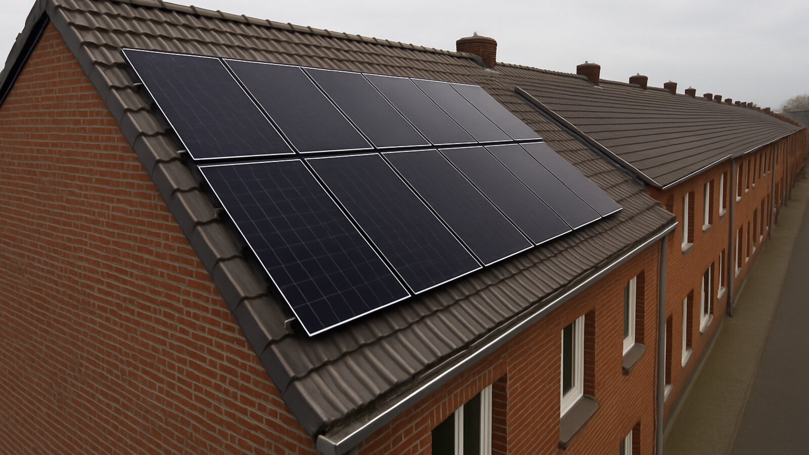 Photovoltaik Herne: fertige Anlage mit schwarzen Solarmodulen auf dem Satteldach eines roten Backstein-Reihenhauses in dichter Ruhrgebietsbebauung