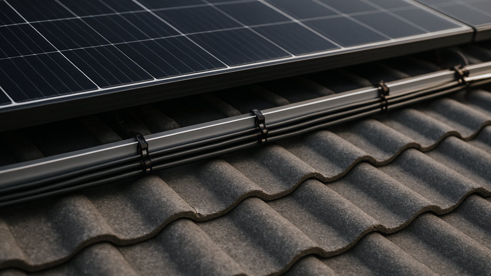 Photovoltaik Herne: ordentlich mit Klemmen an der Montageschiene gefixte schwarze Solarkabel am Rand einer Modulreihe auf einem Ziegeldach