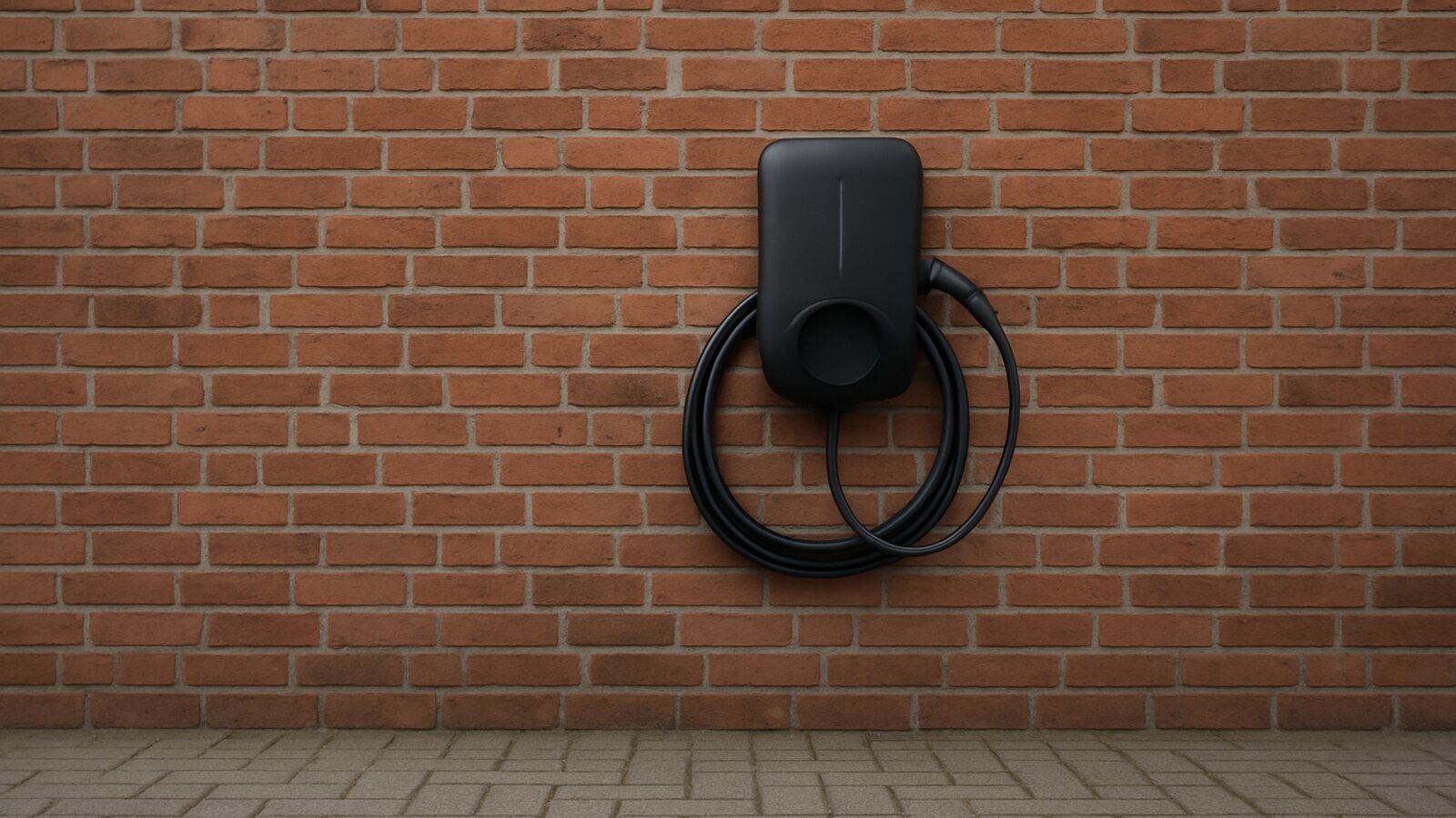 Photovoltaik Herne: schwarze Wallbox mit ordentlich aufgewickeltem Ladekabel an einer roten Klinkerwand neben einem gepflasterten Stellplatz