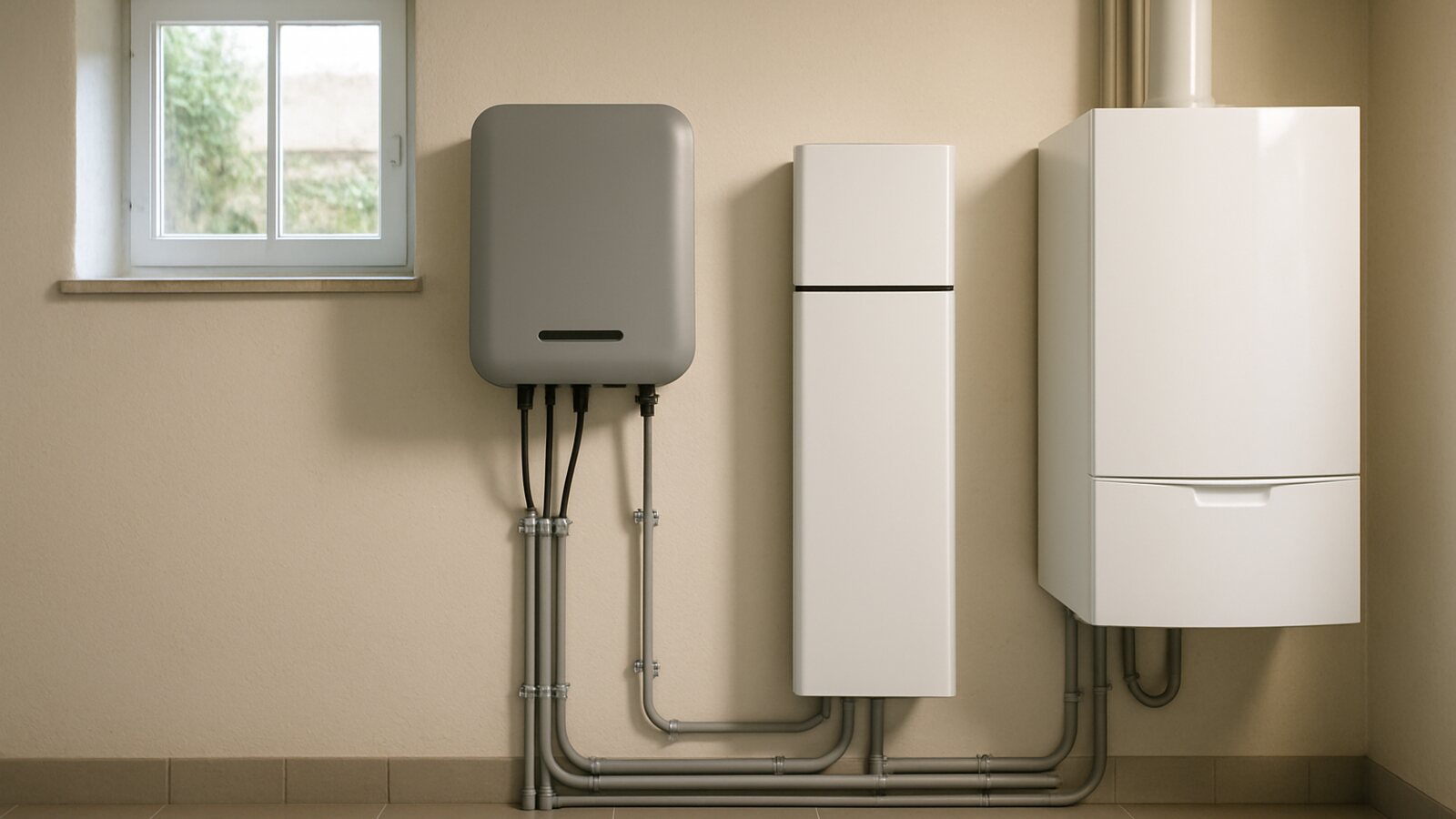 Photovoltaik Herne: grauer Wechselrichter und Batteriespeicher mit sauberer Verkabelung an einer Wand im Heizungskeller
