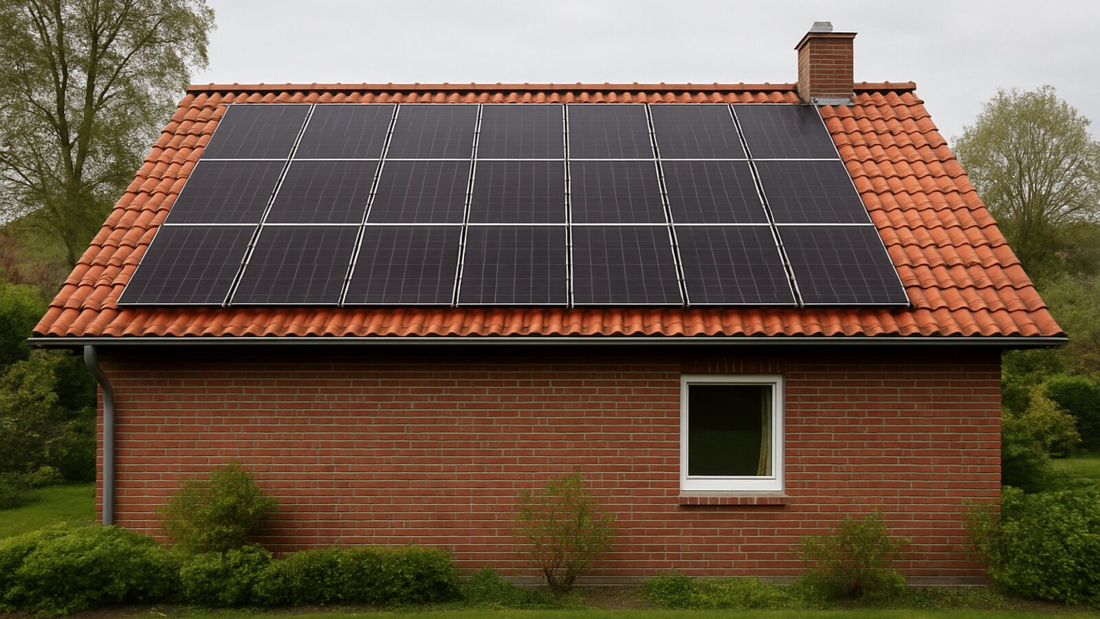 Photovoltaik Herten: fertige Anlage mit schwarzen Solarmodulen auf dem Satteldach eines freistehenden roten Klinkerhauses in aufgelockerter Lage