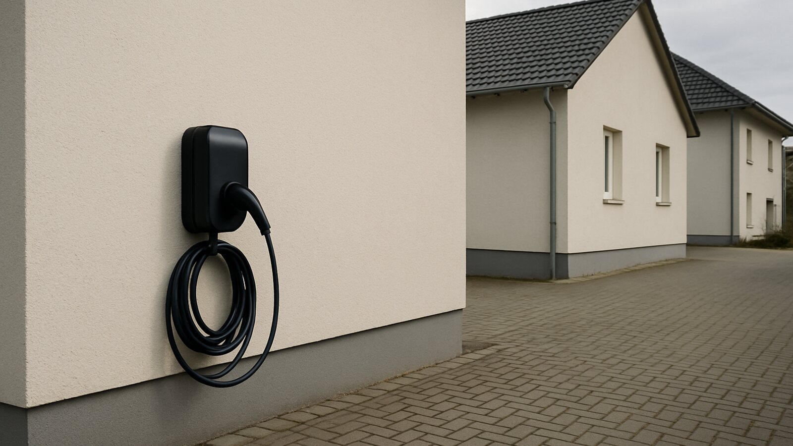 Photovoltaik Herten: schwarze Wallbox mit aufgewickeltem Ladekabel an der Fassade eines Doppelhauses an einer gepflasterten Einfahrt