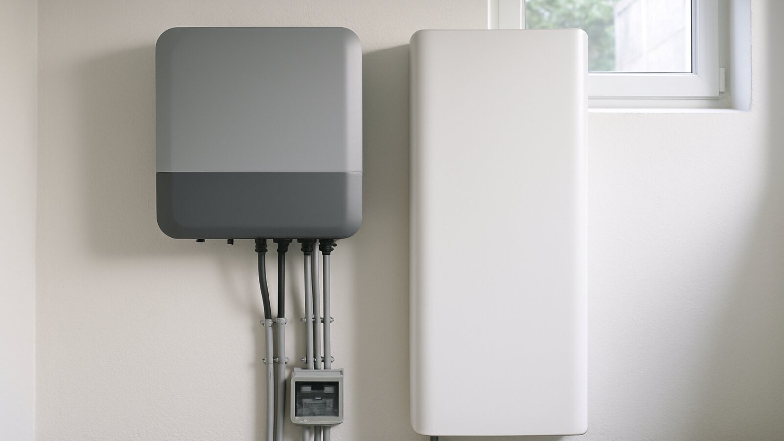 Photovoltaik Herten: grauer Wechselrichter und weißer Batteriespeicher mit sauberer Verkabelung an einer weißen Kellerwand
