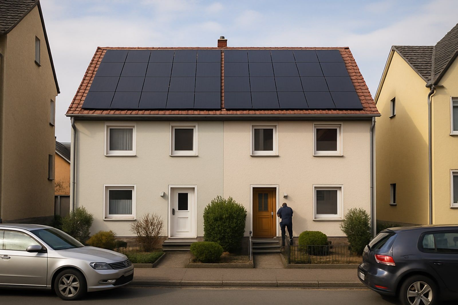 Photovoltaik Hilden: Doppelhaus in einer innerstädtischen Wohnstraße mit dunklen Solarmodulen auf dem roten Satteldach