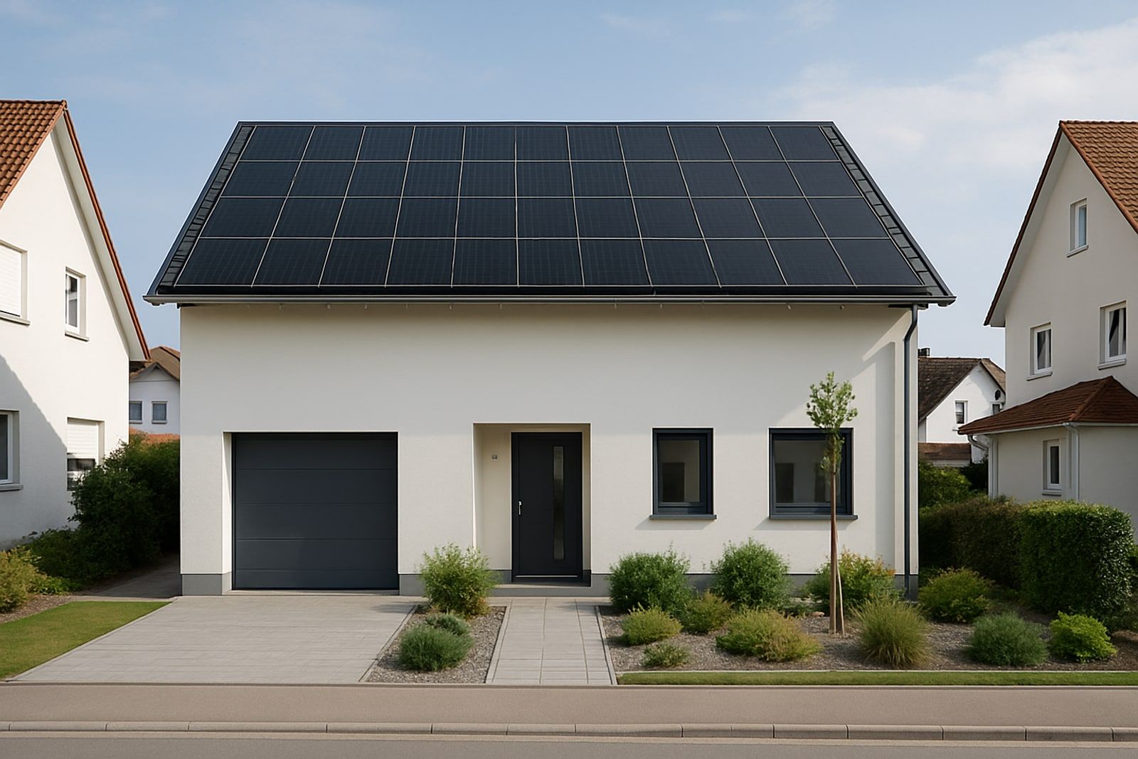 Photovoltaik Hilden: modernes freistehendes Neubau-Einfamilienhaus mit vollflächig belegtem dunklem Solardach im Neubaugebiet