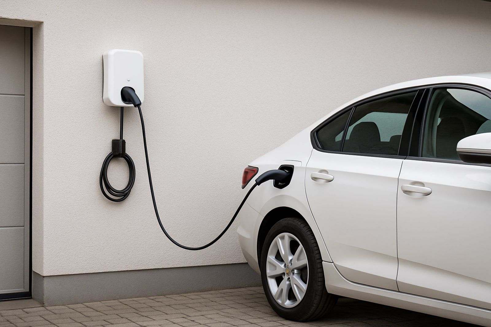 Photovoltaik Hilden: weiße Wallbox an der Garagenwand lädt ein Elektroauto in der gepflasterten Einfahrt mit Sonnenstrom