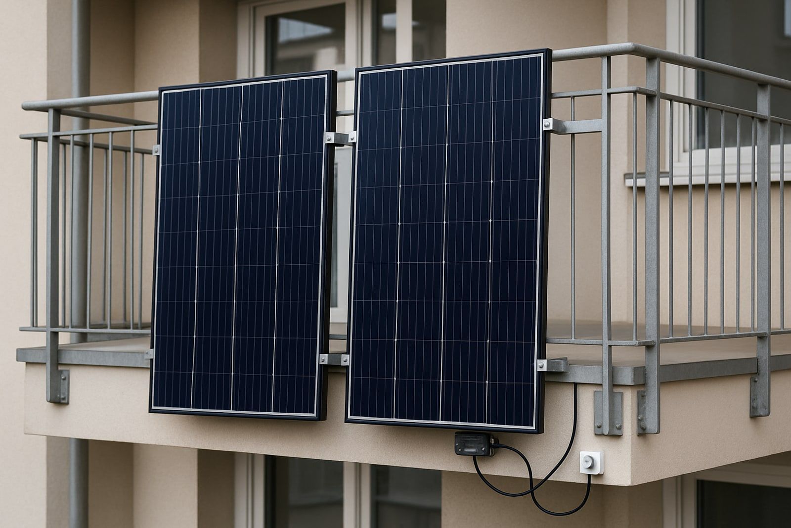 Steckerfertiges Balkonkraftwerk: zwei Solarmodule senkrecht an der Balkonbrüstung eines Mehrfamilienhauses mit kleinem Wechselrichter