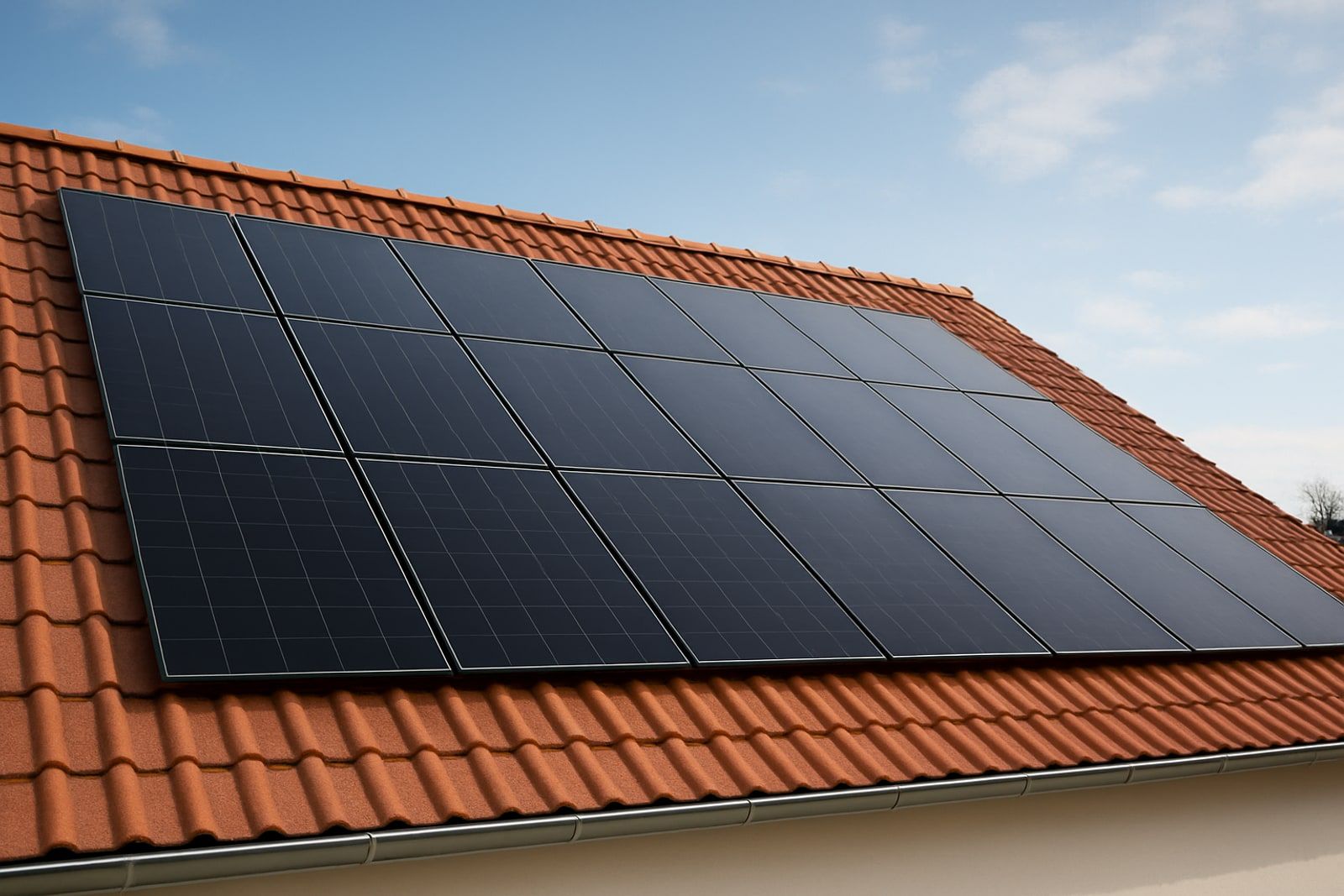 Fertig montierte Photovoltaikanlage auf einem geneigten Ziegeldach, dunkle Solarmodule in sauberer Flucht mit Abstand zu First und Traufe