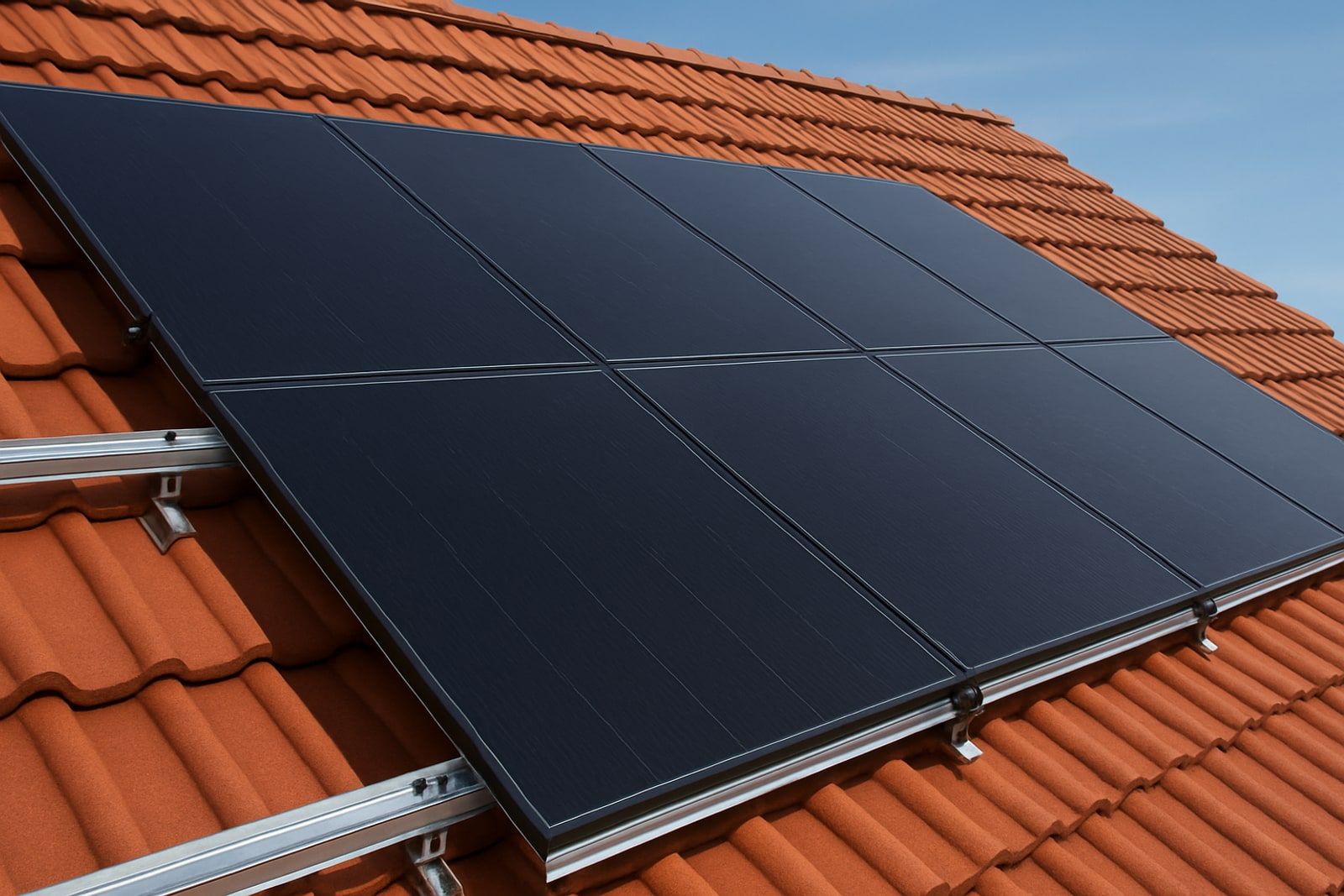 Photovoltaik-Montage: dunkle Solarmodule flach auf Aluschienen mit Modulklemmen und Dachhaken auf einem geneigten Ziegeldach eines Einfamilienhauses