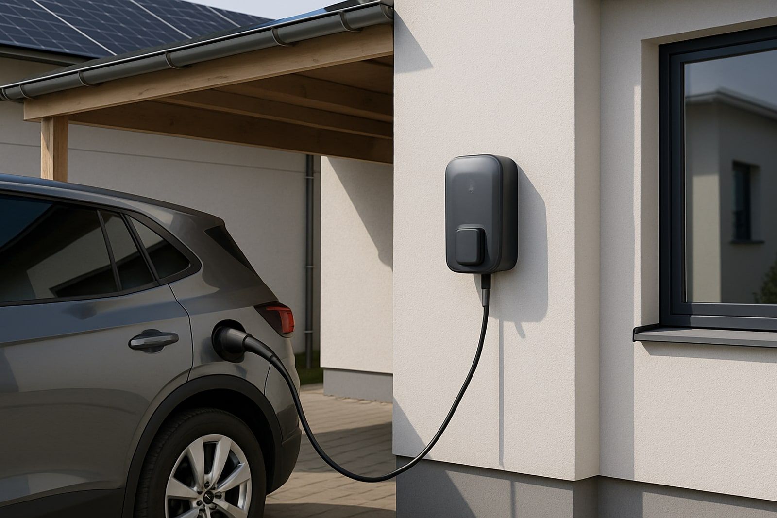 Wallbox an der Wand eines Carports lädt ein Elektroauto, über dem Carportdach dunkle Solarmodule