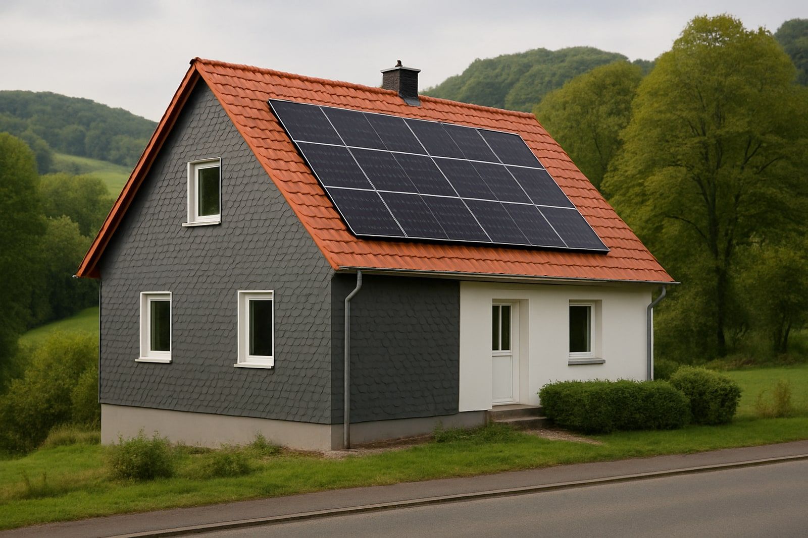 Photovoltaik Hückeswagen: freistehendes bergisches Einfamilienhaus am Hang mit dunklen Solarmodulen auf dem roten Satteldach