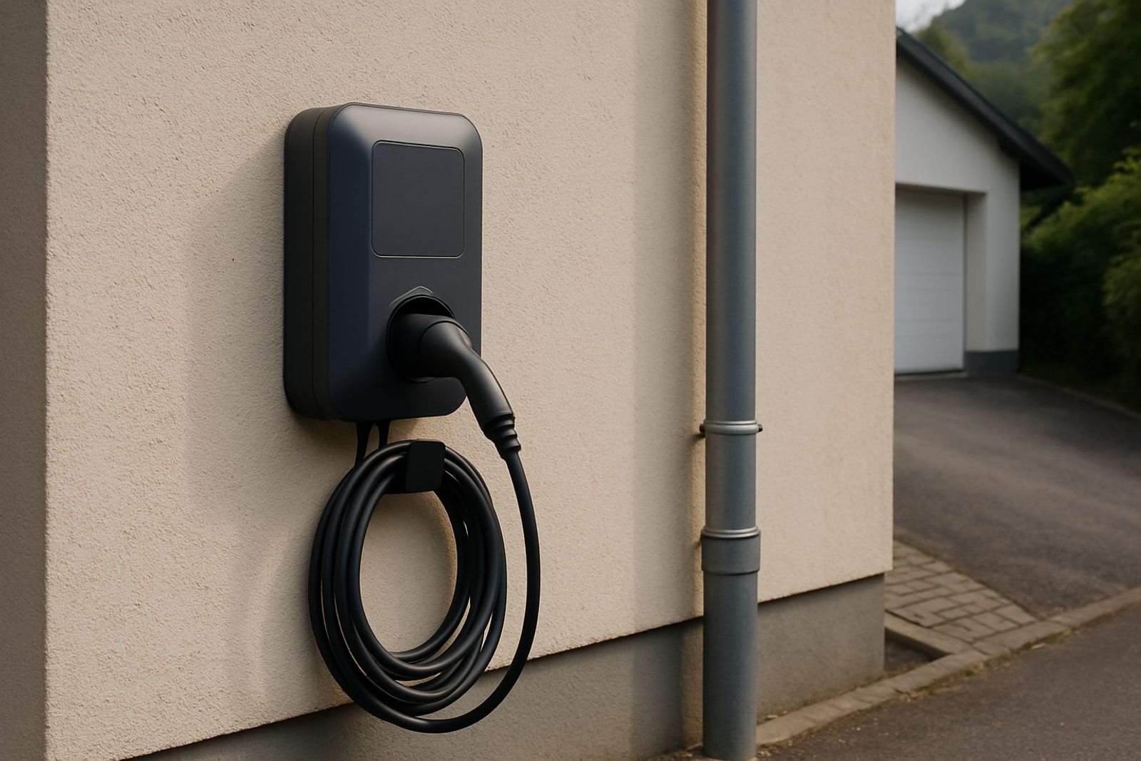 Photovoltaik Hückeswagen: anthrazitfarbene Wallbox mit ordentlich aufgehängtem Ladekabel an einer verputzten Hauswand