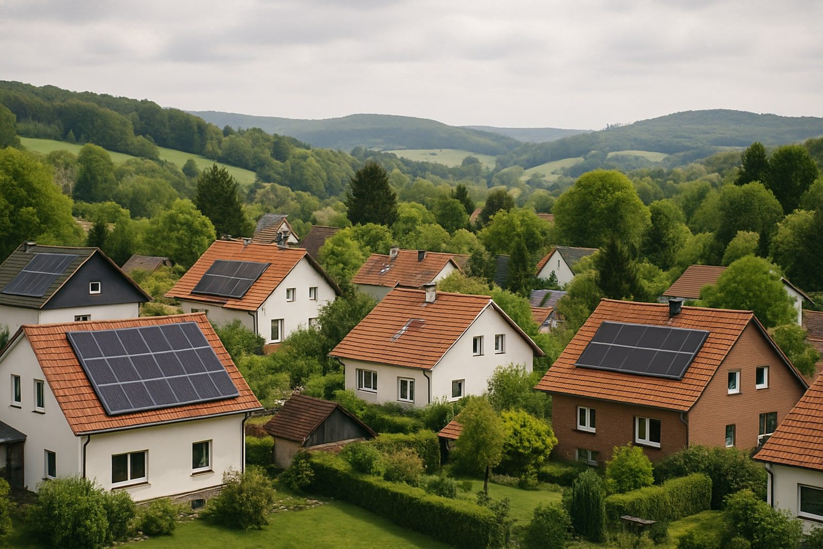Photovoltaik Hückeswagen: Blick über ein bergisches Wohngebiet mit mehreren Häusern und Photovoltaikanlagen auf den Dächern