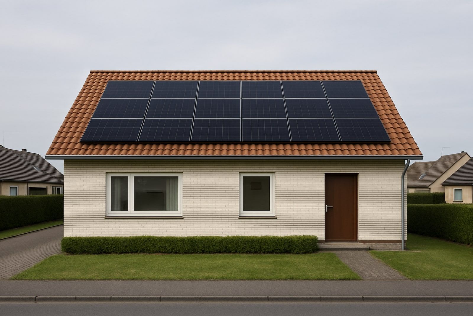 Photovoltaik Langenfeld: freistehendes Einfamilienhaus mit dunklen Solarmodulen auf dem roten Satteldach in einer flachen rheinischen Wohnsiedlung