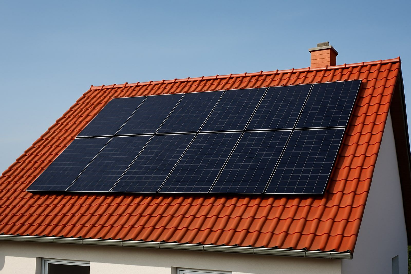 Photovoltaik Langenfeld: fertig belegtes Solardach mit zwei gleichmäßigen Modulreihen und klarem Abstand zu First und Traufe