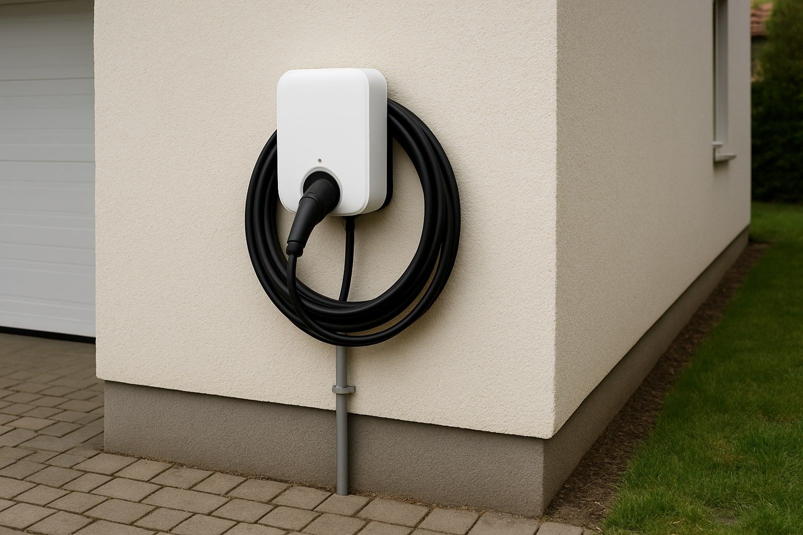 Photovoltaik Langenfeld: weiße Wallbox mit Ladekabel an der verputzten Garagenwand neben der gepflasterten Einfahrt