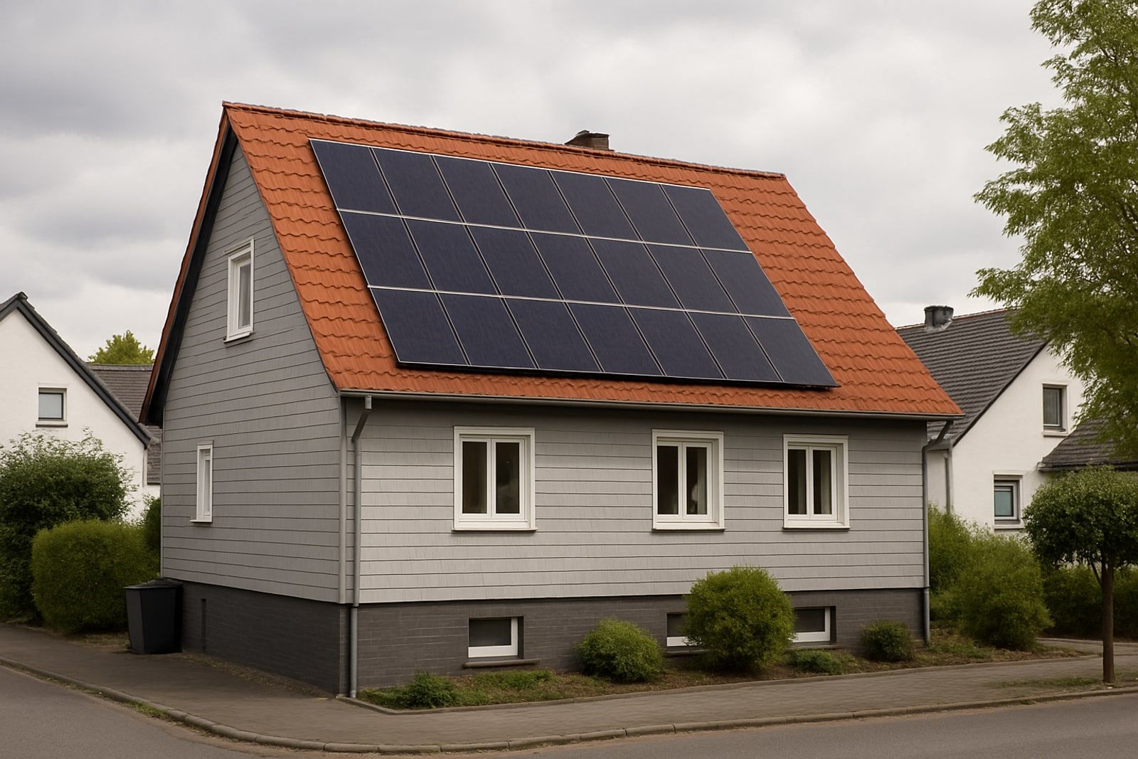Photovoltaik Leichlingen: bergisches Wohnhaus in der Siedlung mit fertiger Aufdach-Solaranlage, Module als gleichmäßiges Feld innerhalb der Dachfläche