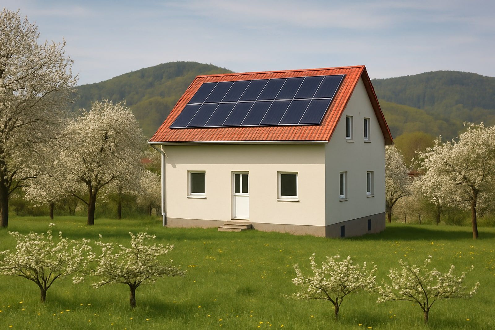Photovoltaik Leichlingen: Wohnhaus am Ortsrand mit Solarmodulen auf dem Satteldach, davor eine Obstwiese und bergische Hügel