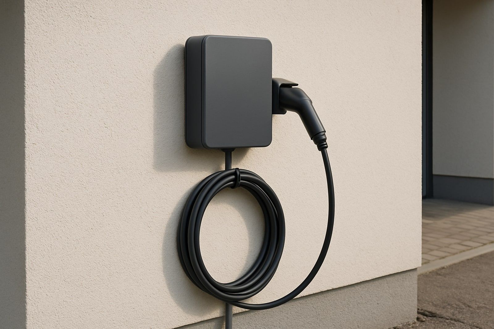 Photovoltaik Leichlingen: anthrazitfarbene Wallbox an der verputzten Hauswand neben der Einfahrt mit ordentlich aufgehängtem Ladekabel