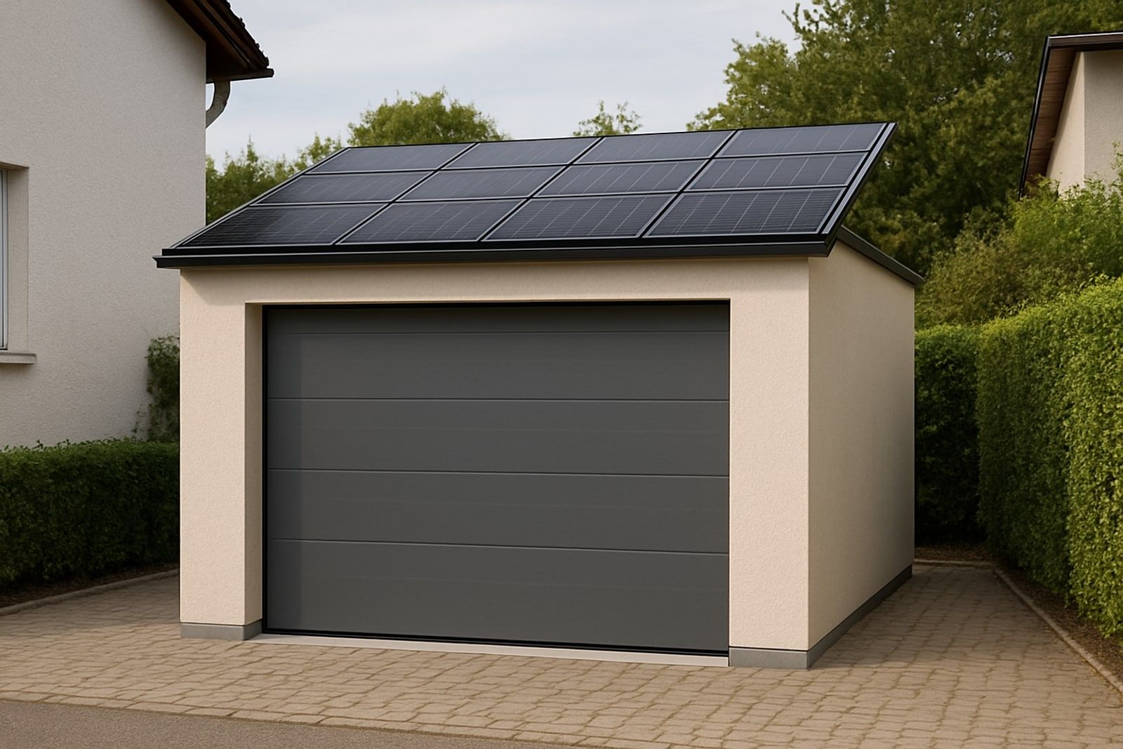 Photovoltaik Leverkusen: freistehende Garage mit flach geneigtem, vollflächig mit Solarmodulen belegtem Dach in einer gepflasterten Einfahrt