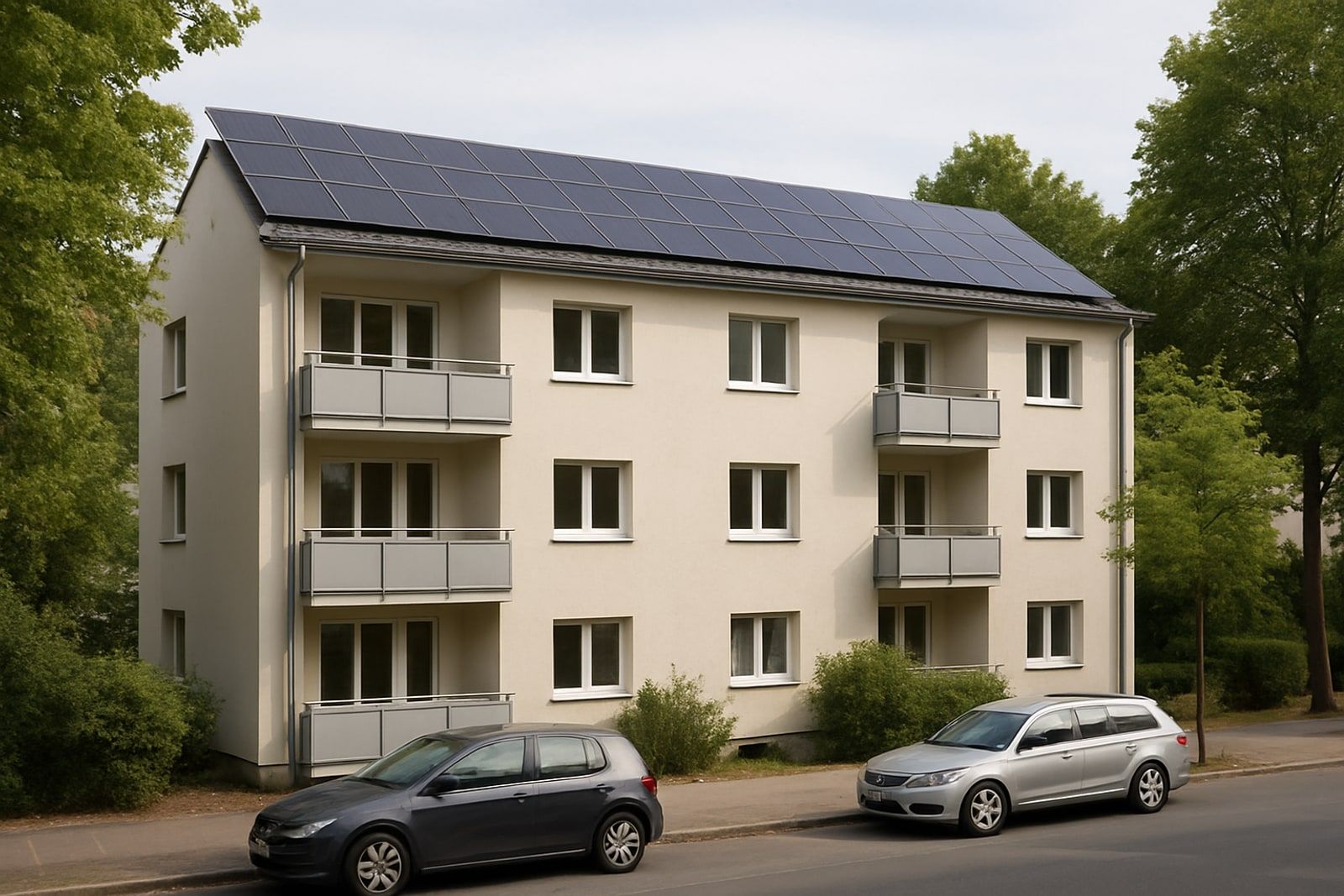 Photovoltaik Leverkusen: dreigeschossiges städtisches Mehrfamilienhaus mit Solarmodulen auf dem Satteldach an einer Wohnstraße
