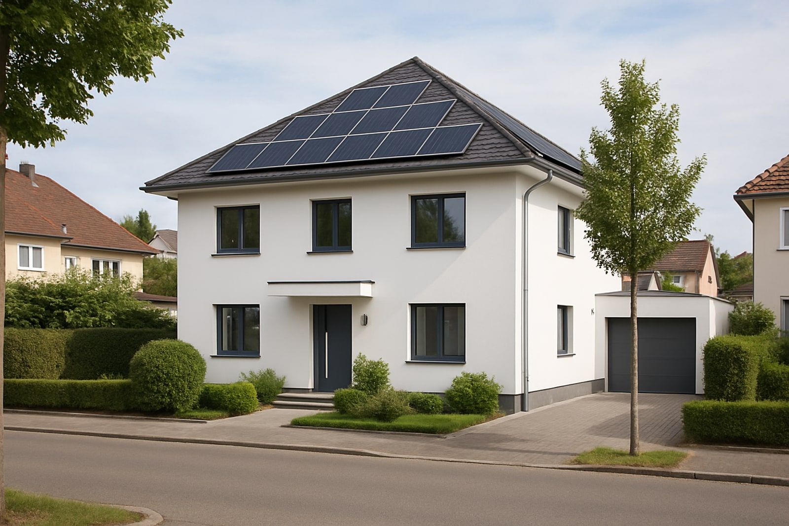 Photovoltaik Leverkusen: moderne freistehende Stadtvilla mit Zeltdach und dunklen Solarmodulen in einem Wohngebiet der Rheinstadt