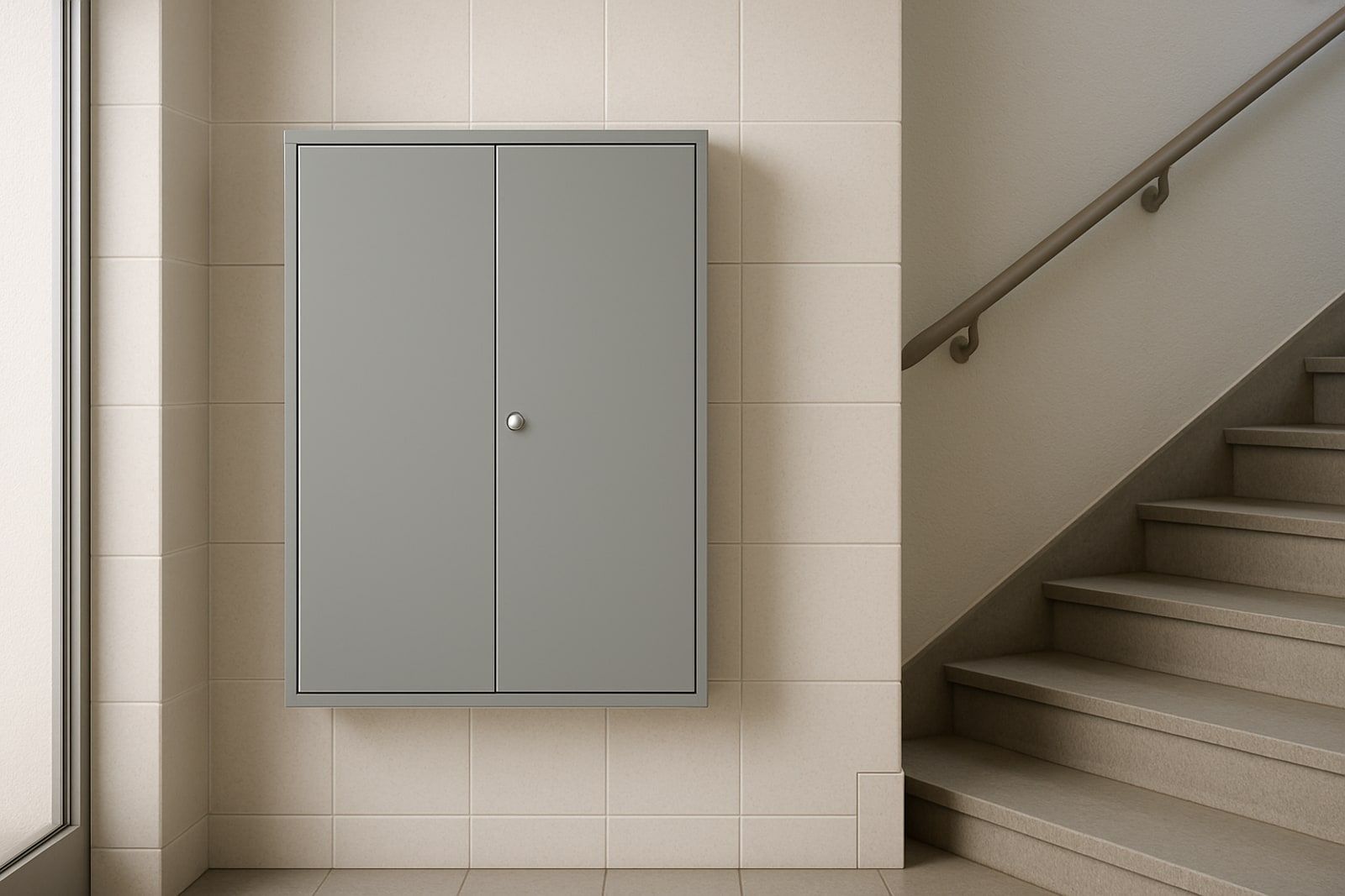 Photovoltaik Leverkusen: geschlossener grauer Zählerschrank im gefliesten Treppenhaus eines Mehrfamilienhauses als Netzanschluss