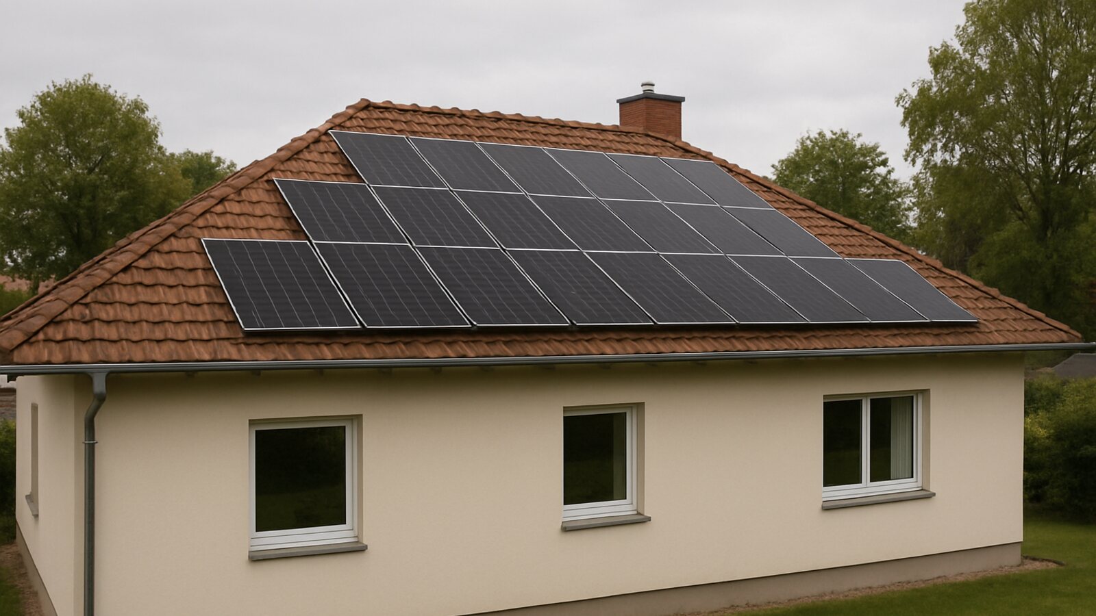 Photovoltaik Marl: fertige Anlage mit schwarzen Solarmodulen auf dem ziegelgedeckten Walmdach eines freistehenden Siedlungshauses in aufgelockerter Lage
