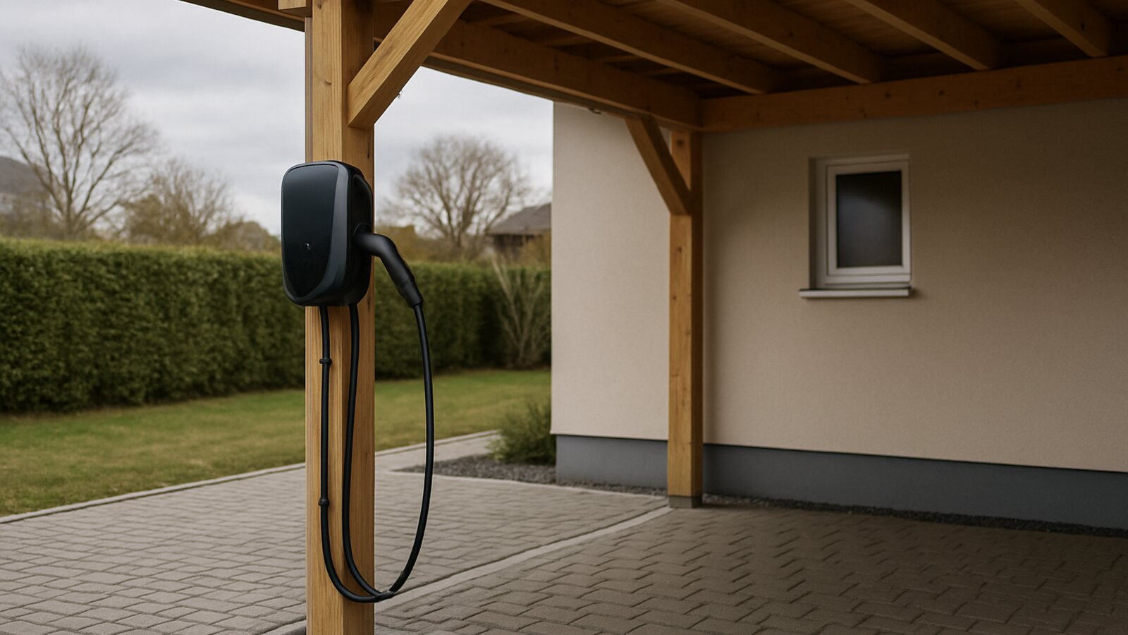Photovoltaik Marl: schwarze Wallbox mit Ladekabel an einem Pfosten unter einem offenen Holzcarport über einem gepflasterten Stellplatz