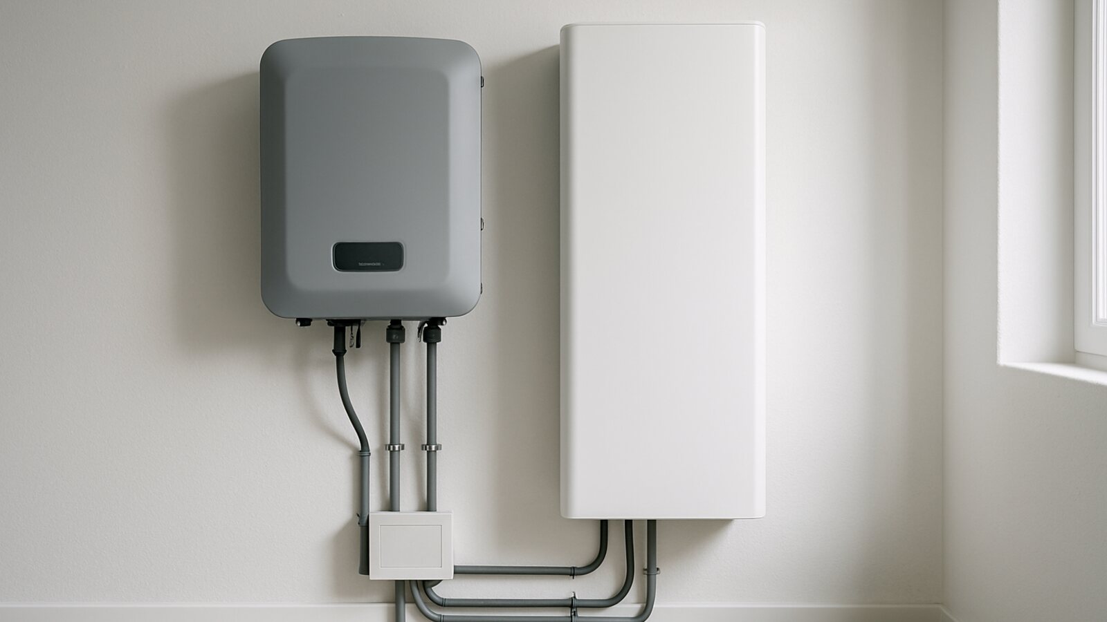 Photovoltaik Marl: grauer Wechselrichter und weißer Batteriespeicher mit sauberer Verkabelung in einem hellen Technikraum