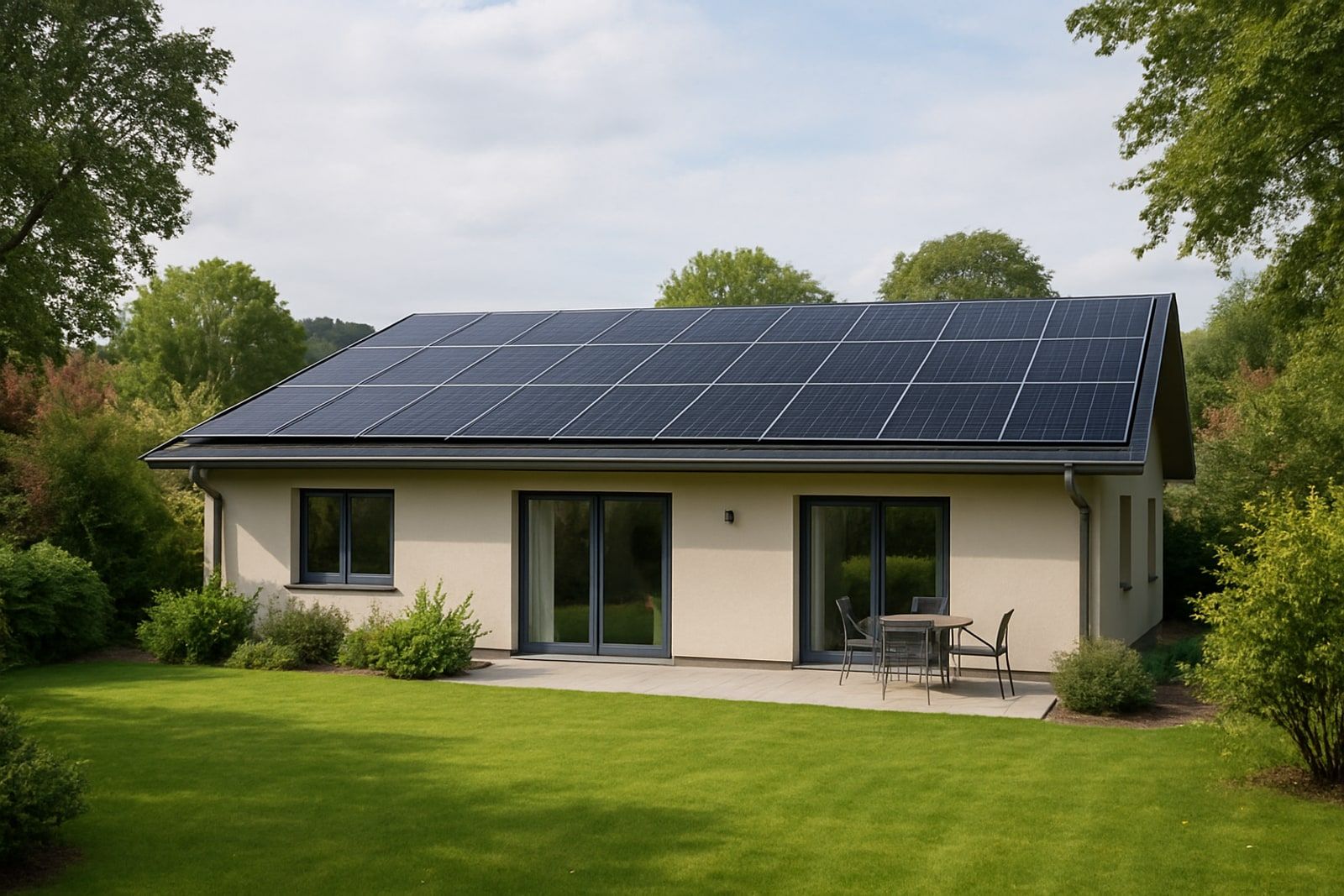 Photovoltaik Mettmann: eingeschossiger Bungalow mit flach geneigtem, vollflächig belegtem Solardach in einem großen grünen Hausgarten