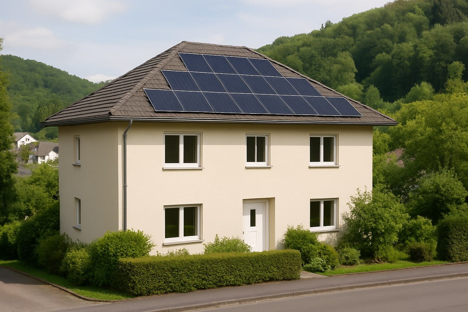 Photovoltaik Mettmann: freistehendes Einfamilienhaus mit Walmdach und dunklen Solarmodulen in grüner Hügellage am Stadtrand