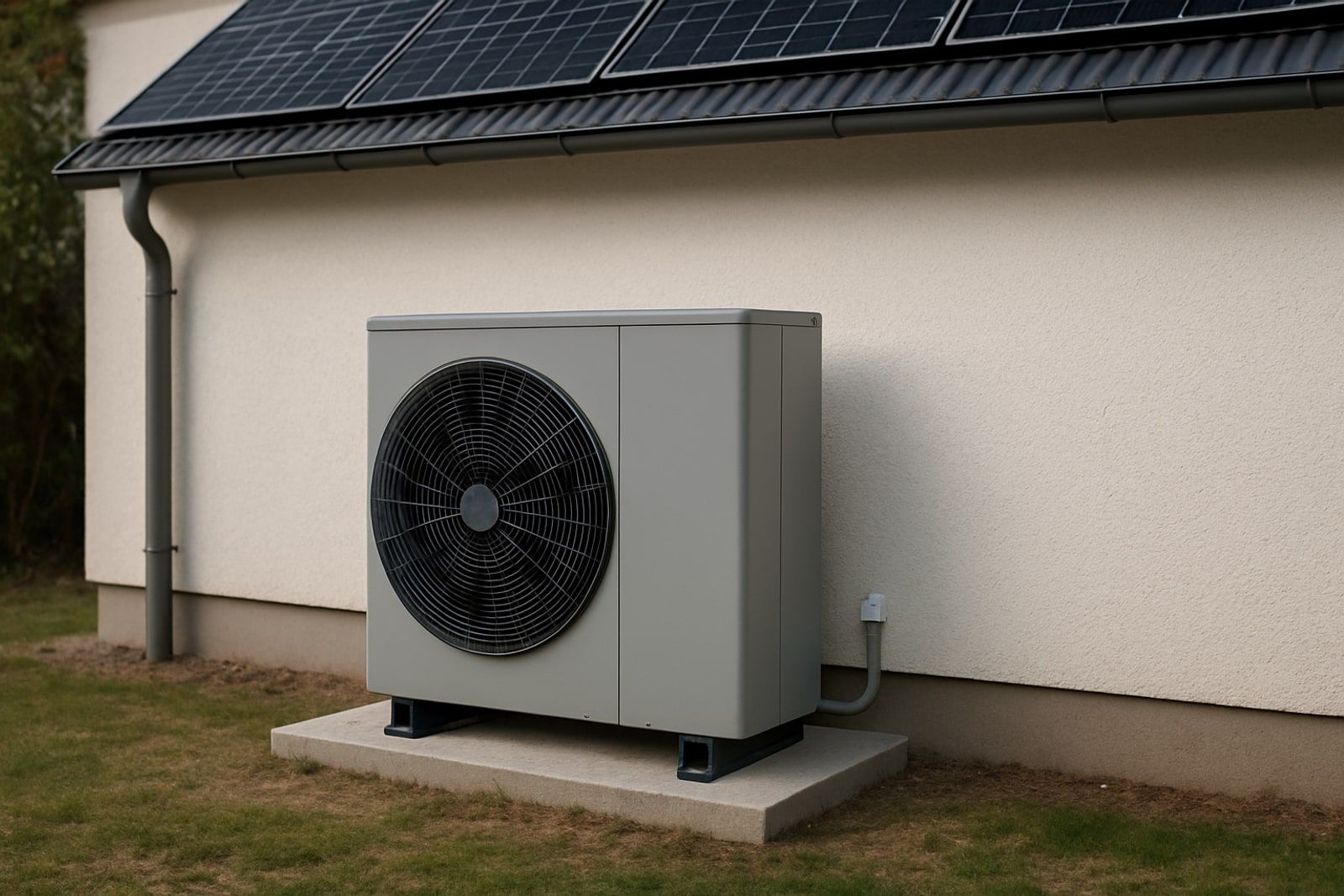 Photovoltaik Mettmann: graue Wärmepumpen-Außeneinheit auf Betonfundament neben dem Haus, im Hintergrund das Dach mit Solarmodulen