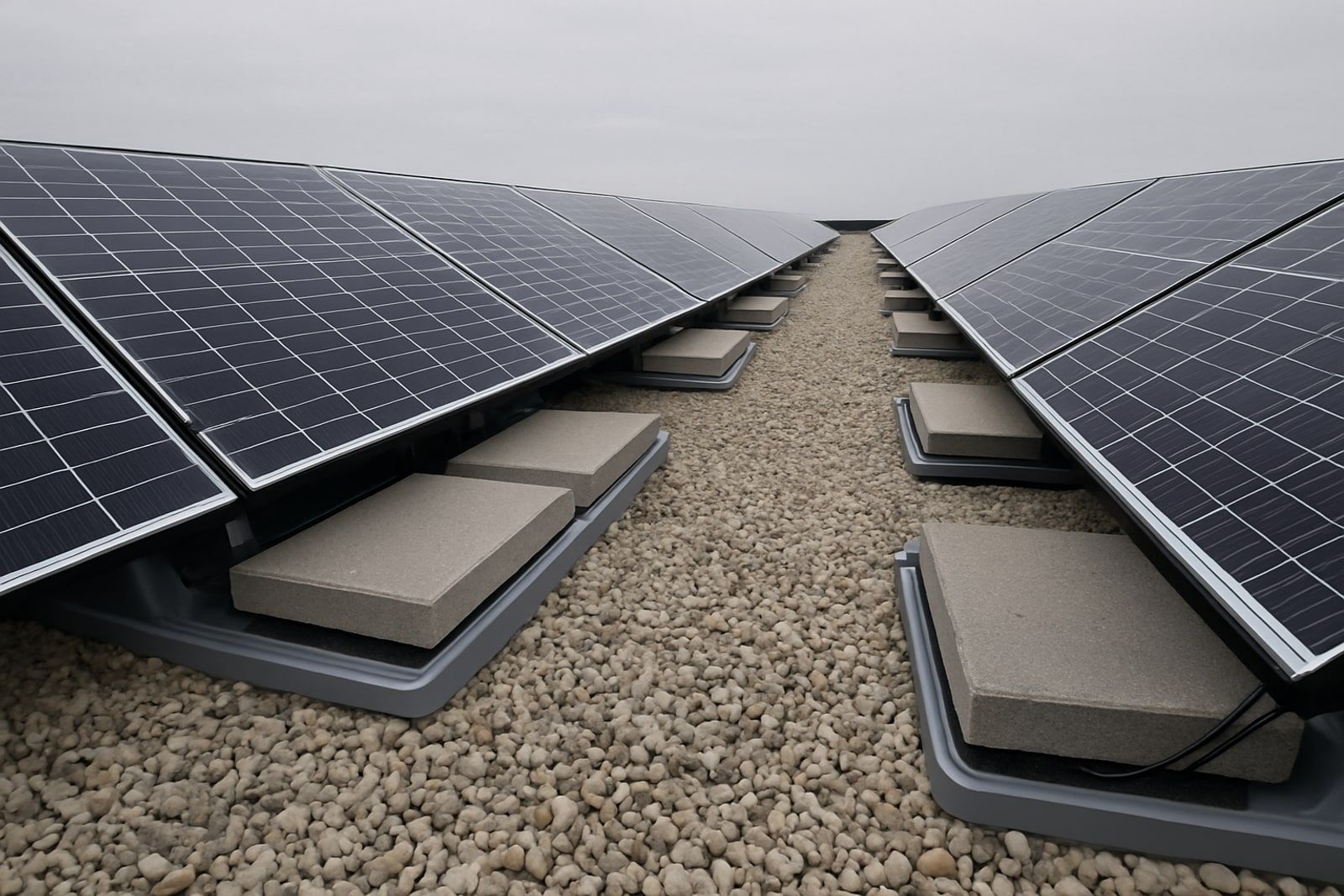 Photovoltaik Monheim am Rhein: aufgeständerte Solarmodule auf Kiesflachdach mit Betonplatten als Ballast in den Montagewannen