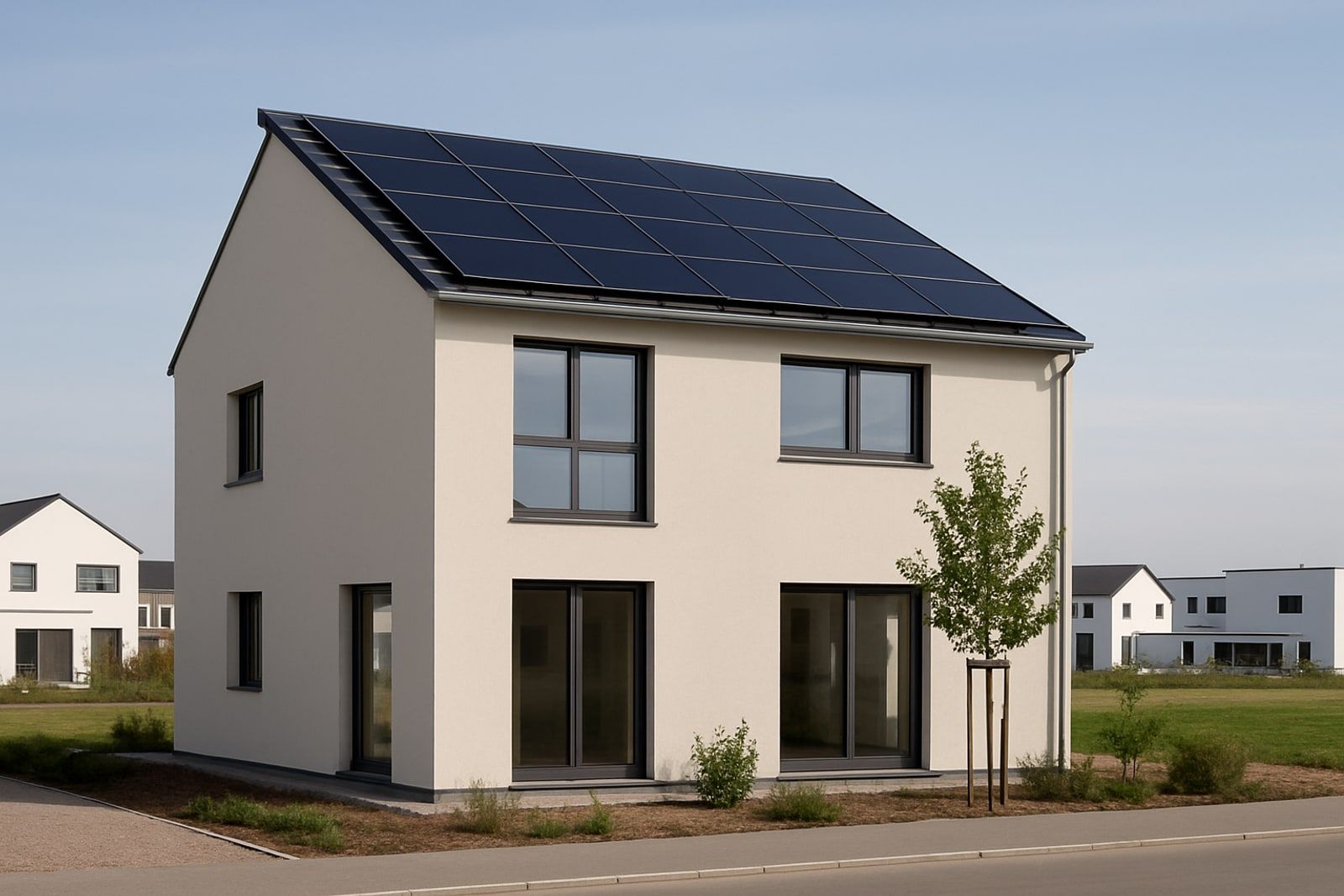 Photovoltaik Monheim am Rhein: neues Einfamilienhaus im Baugebiet mit vollflächig belegtem Solardach und flachem Horizont