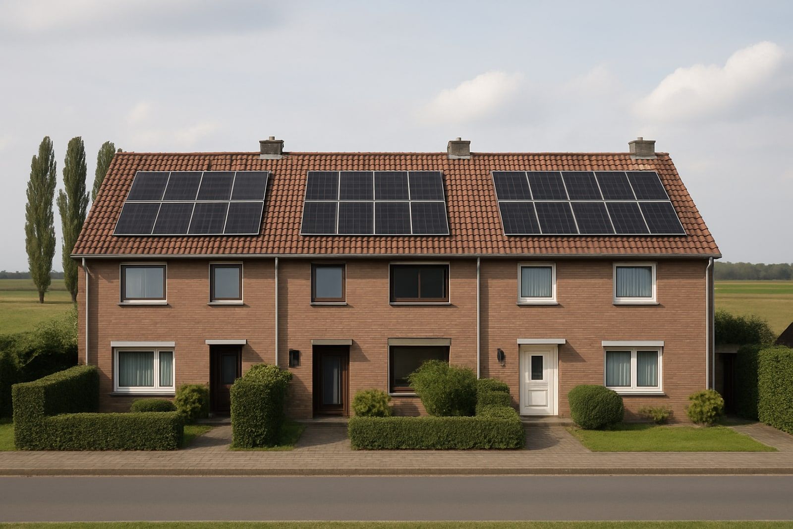 Photovoltaik Monheim am Rhein: Reihenhauszeile mit Solarmodulen auf den Satteldächern in der flachen Rheinebene mit Pappelreihe
