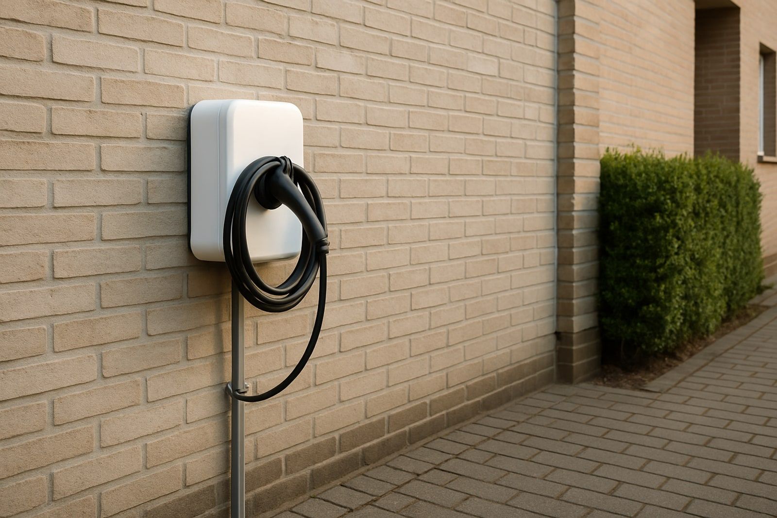 Photovoltaik Monheim am Rhein: weiße Wallbox mit Ladekabel an der Klinkerwand eines Reihenhauses neben der Einfahrt