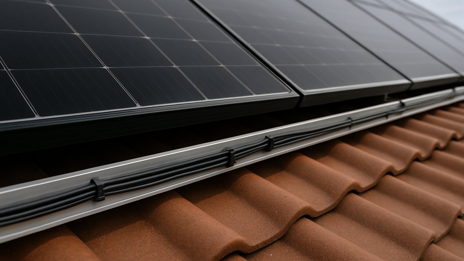 Photovoltaik Oer-Erkenschwick: ordentlich mit Clips an der Montageschiene gefixte schwarze Solarkabel am Rand einer Modulreihe auf einem ziegelgedeckten Walmdach