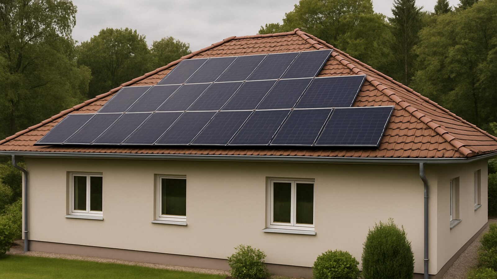 Photovoltaik Oer-Erkenschwick: fertige Anlage mit schwarzen Solarmodulen auf dem Walmdach eines Siedlungshauses am Rand des Waldes