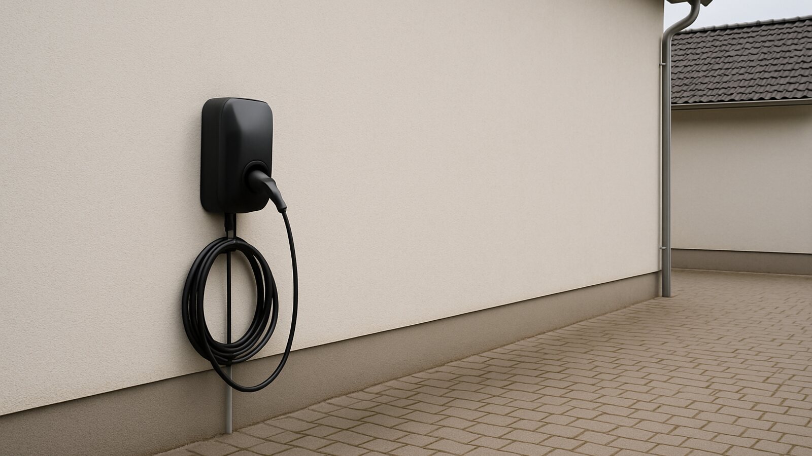 Photovoltaik Oer-Erkenschwick: schwarze Wallbox mit aufgehängtem Ladekabel an einer hellen Putzfassade an einer gepflasterten Einfahrt