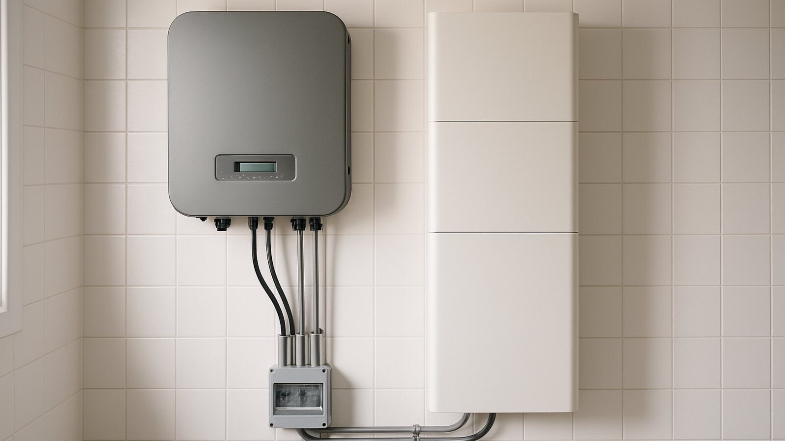 Photovoltaik Oer-Erkenschwick: grauer Wechselrichter und heller Batteriespeicher mit sauberer Verkabelung in einem hellen Hauswirtschaftsraum