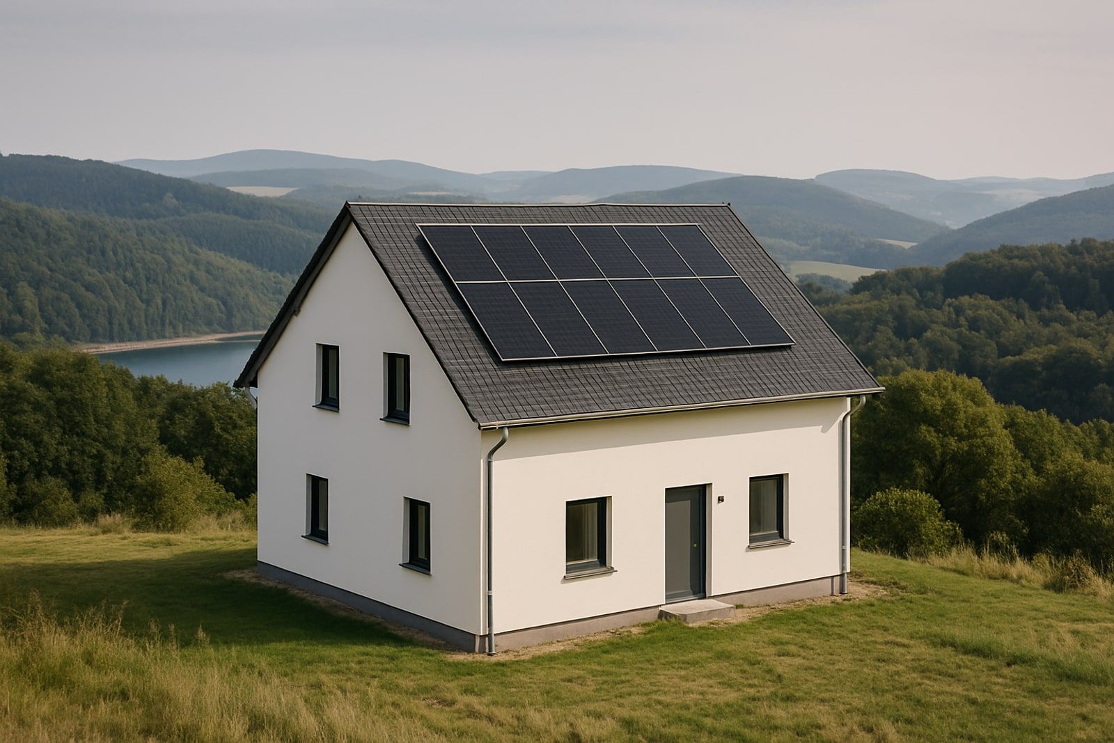 Photovoltaik Radevormwald: Einfamilienhaus mit dunklen Solarmodulen auf einem Satteldach in bergischer Höhenlage