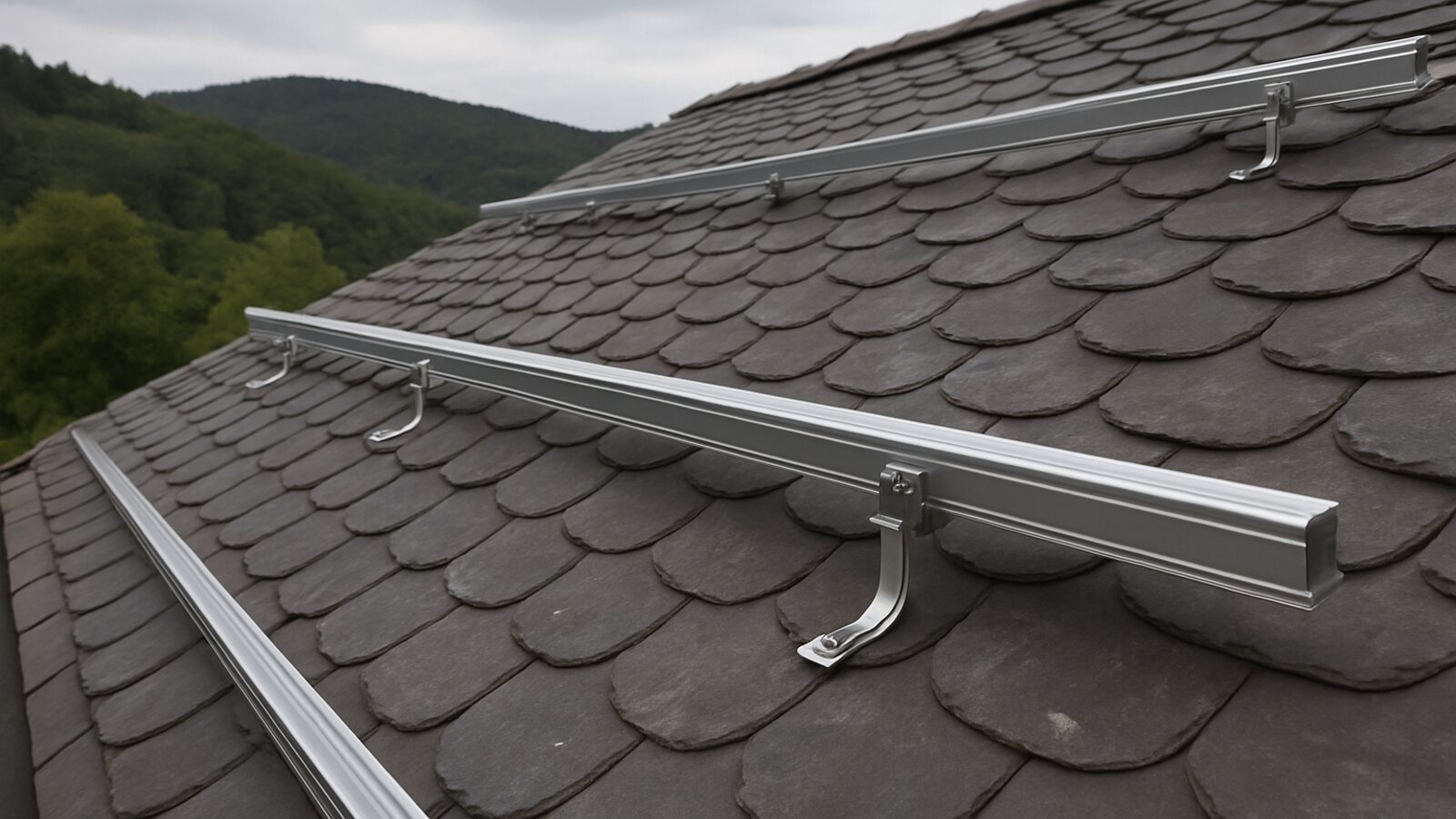 Photovoltaik Radevormwald: fertig montierte Unterkonstruktion mit silbernen Aluminium-Montageschienen auf Dachhaken auf einem grauen Schieferdach