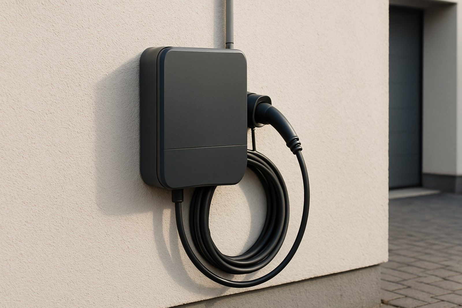 Photovoltaik Radevormwald: schwarze Wallbox mit Ladekabel an einer Hauswand für das Laden mit eigenem Solarstrom