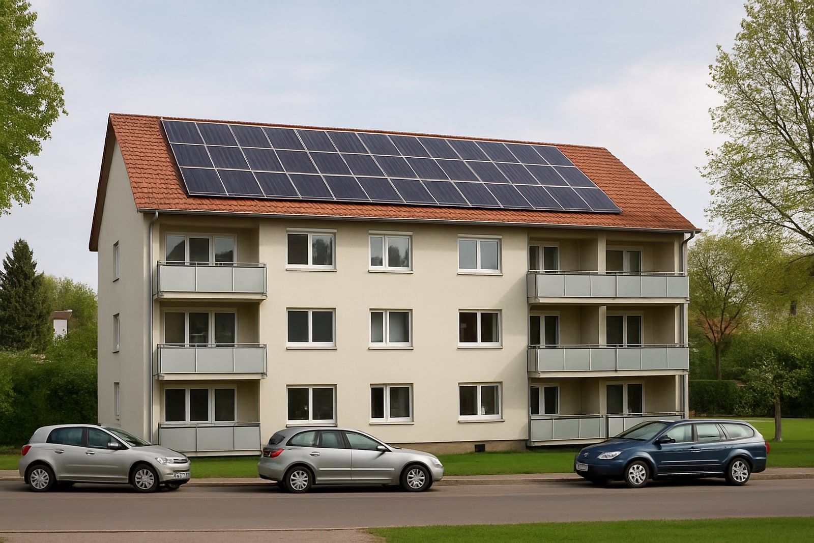 Photovoltaik Ratingen: Mehrfamilienhaus der 1960er Jahre mit großem Modulfeld auf dem roten Satteldach
