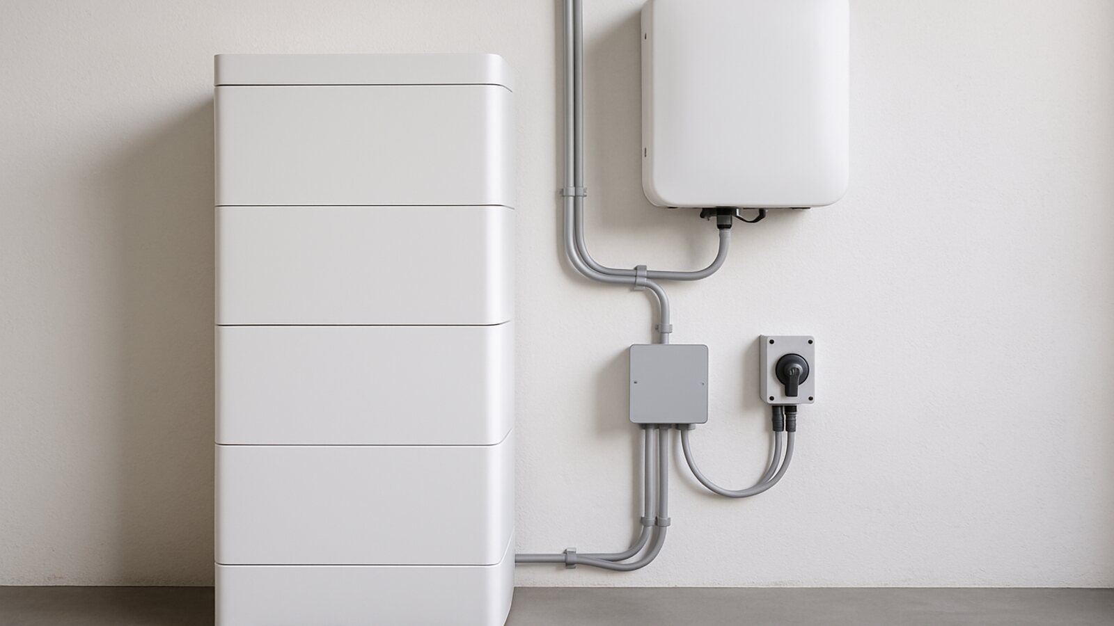 Photovoltaik Ratingen: weißer Batteriespeicher und Wechselrichter mit sichtbarer Verkabelung in einem Technikraum