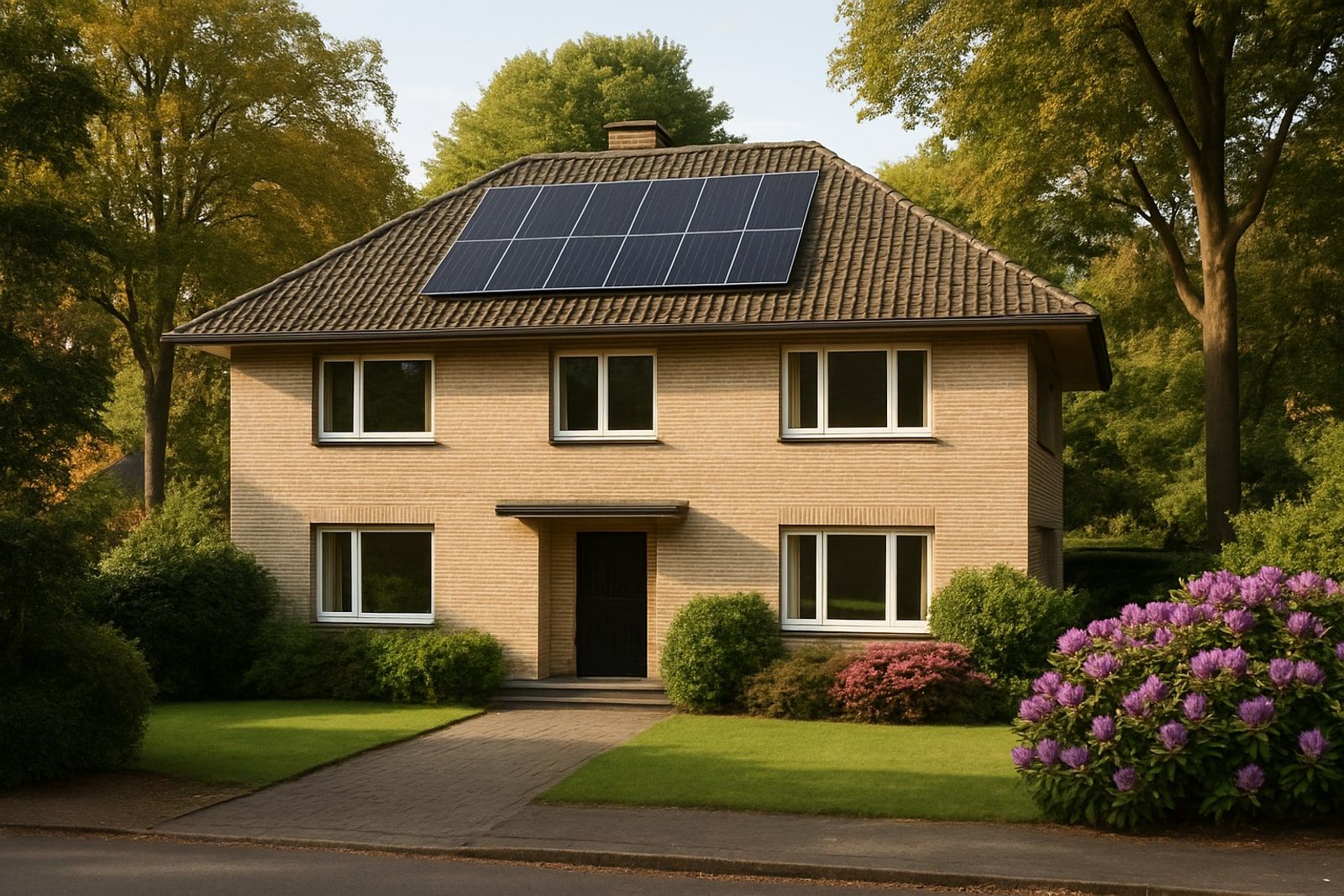 Photovoltaik Ratingen: Villa mit großem Walmdach und Solarmodulen unter alten Laubbäumen in einer Villenstraße